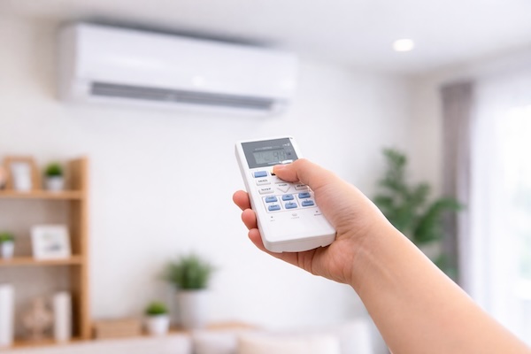 person holding reverse cycle ac remote