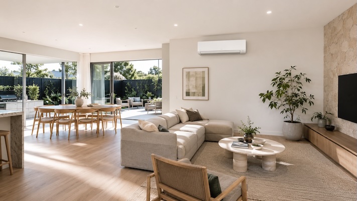 living room with split system air con in it