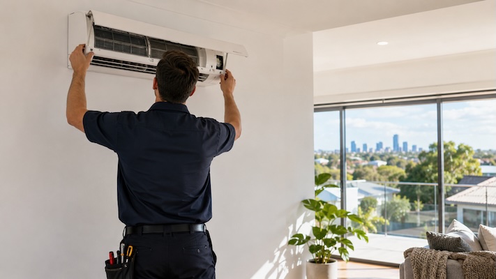 hurricane air installing split system on wall of living room