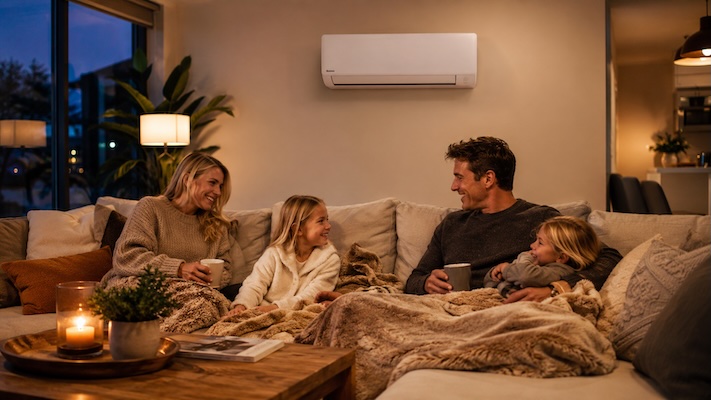 family sitting in living room with reverse cycle heater