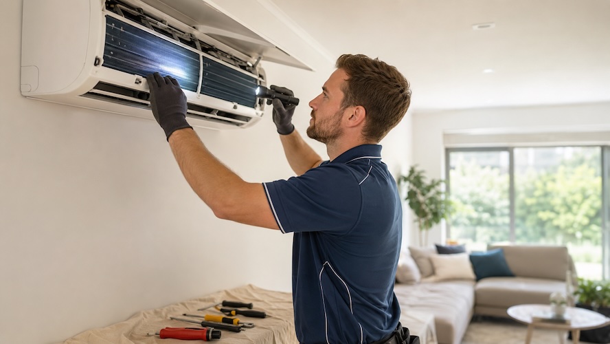 technician looking into split system ac vent with torch