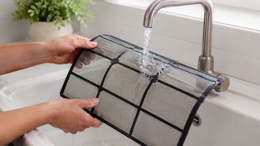 lady washing split system filter under water tap